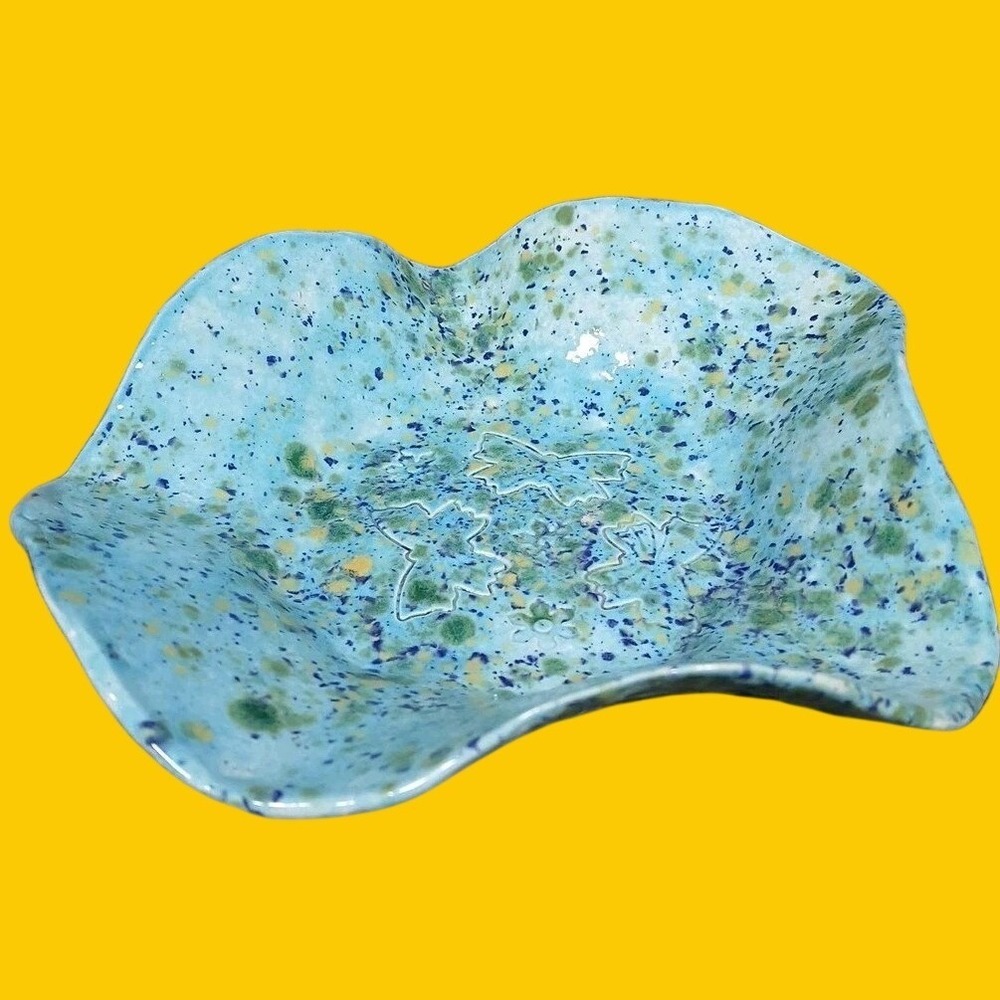 Studio Pottery Butterfly Trinket Bowl Blue Speckled Glaze Signed DW Ceramic Art